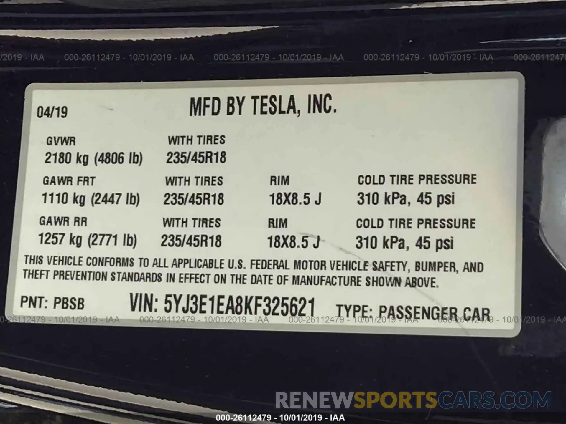 9 Photograph of a damaged car 5YJ3E1EA8KF325621 TESLA MODEL 3 2019