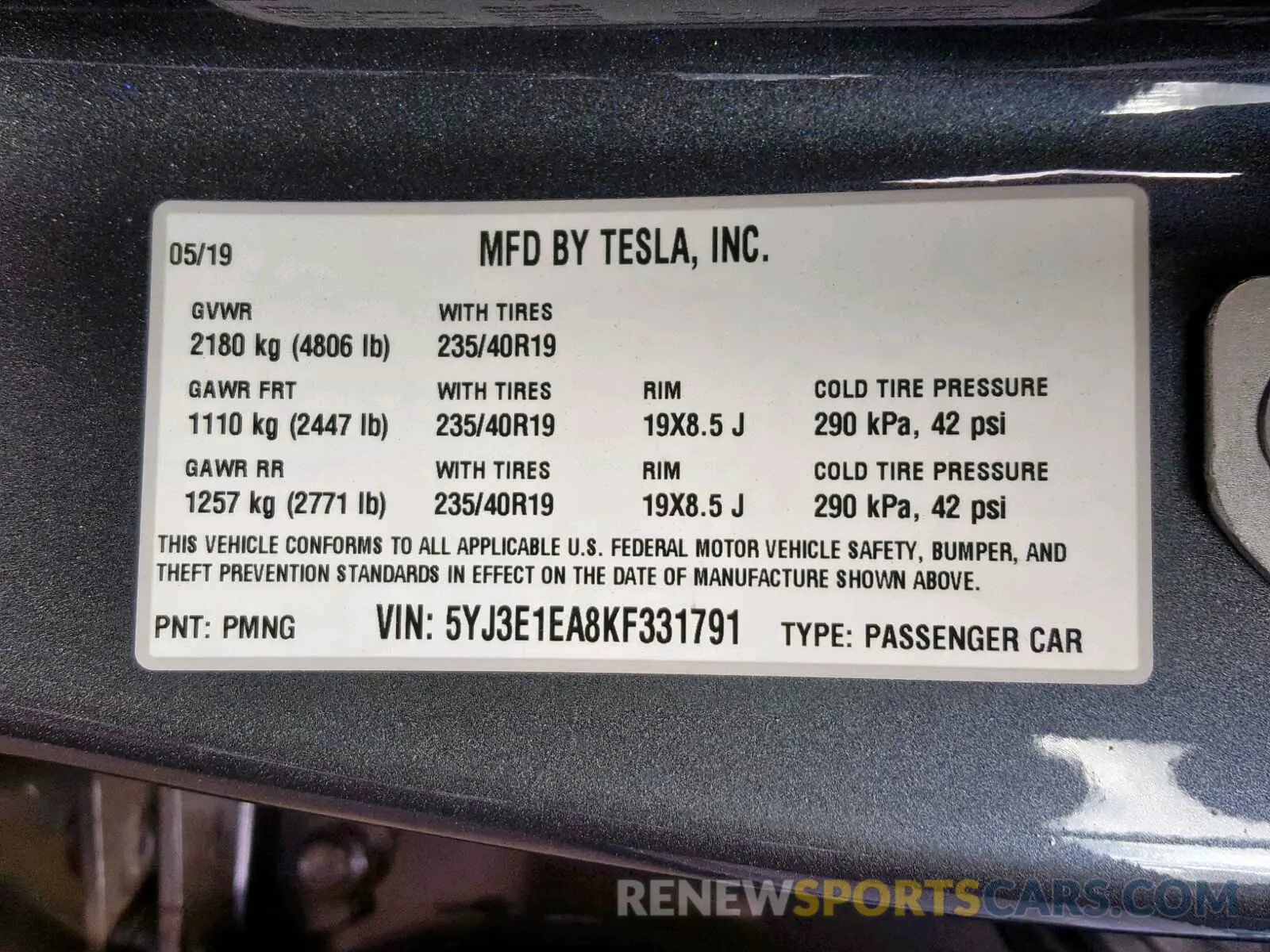 10 Photograph of a damaged car 5YJ3E1EA8KF331791 TESLA MODEL 3 2019