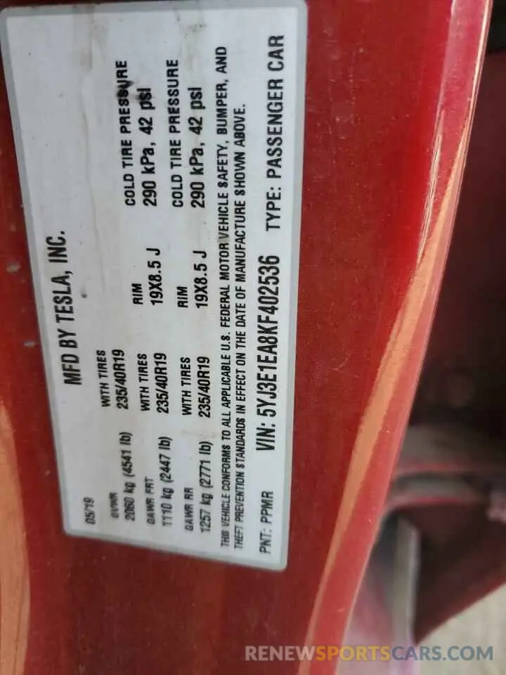 12 Photograph of a damaged car 5YJ3E1EA8KF402536 TESLA MODEL 3 2019