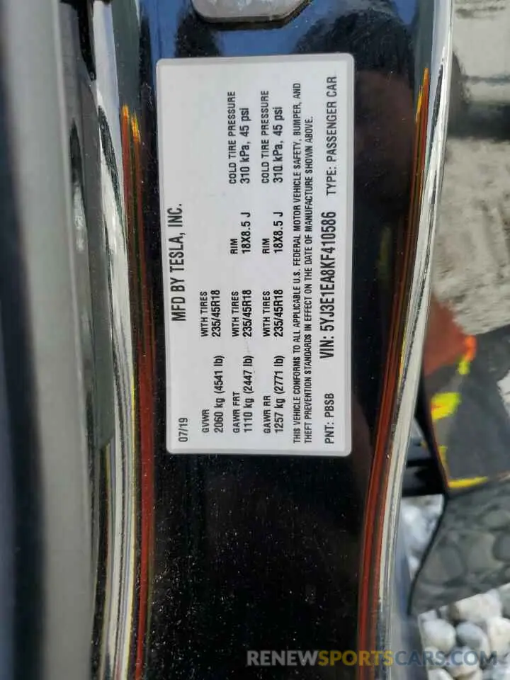 13 Photograph of a damaged car 5YJ3E1EA8KF410586 TESLA MODEL 3 2019