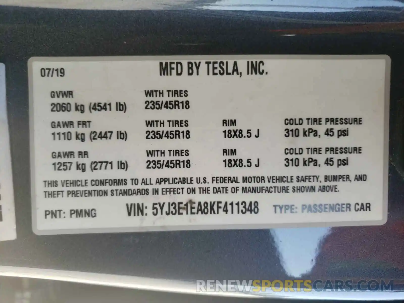 10 Photograph of a damaged car 5YJ3E1EA8KF411348 TESLA MODEL 3 2019