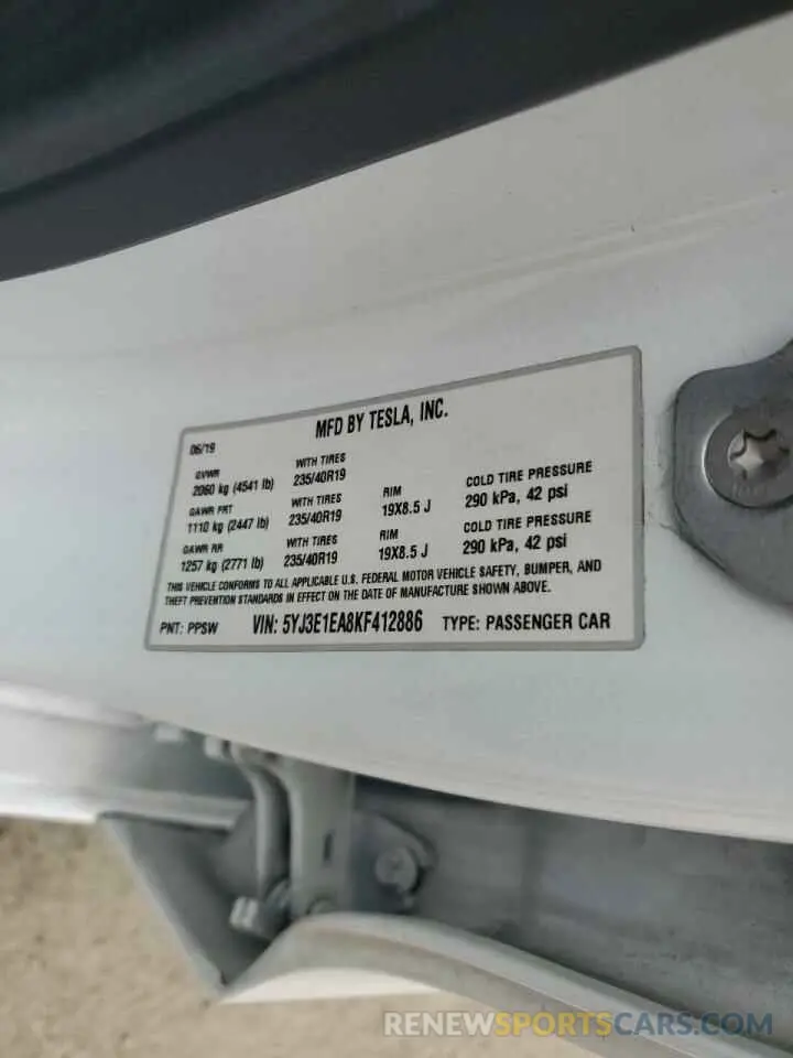 12 Photograph of a damaged car 5YJ3E1EA8KF412886 TESLA MODEL 3 2019
