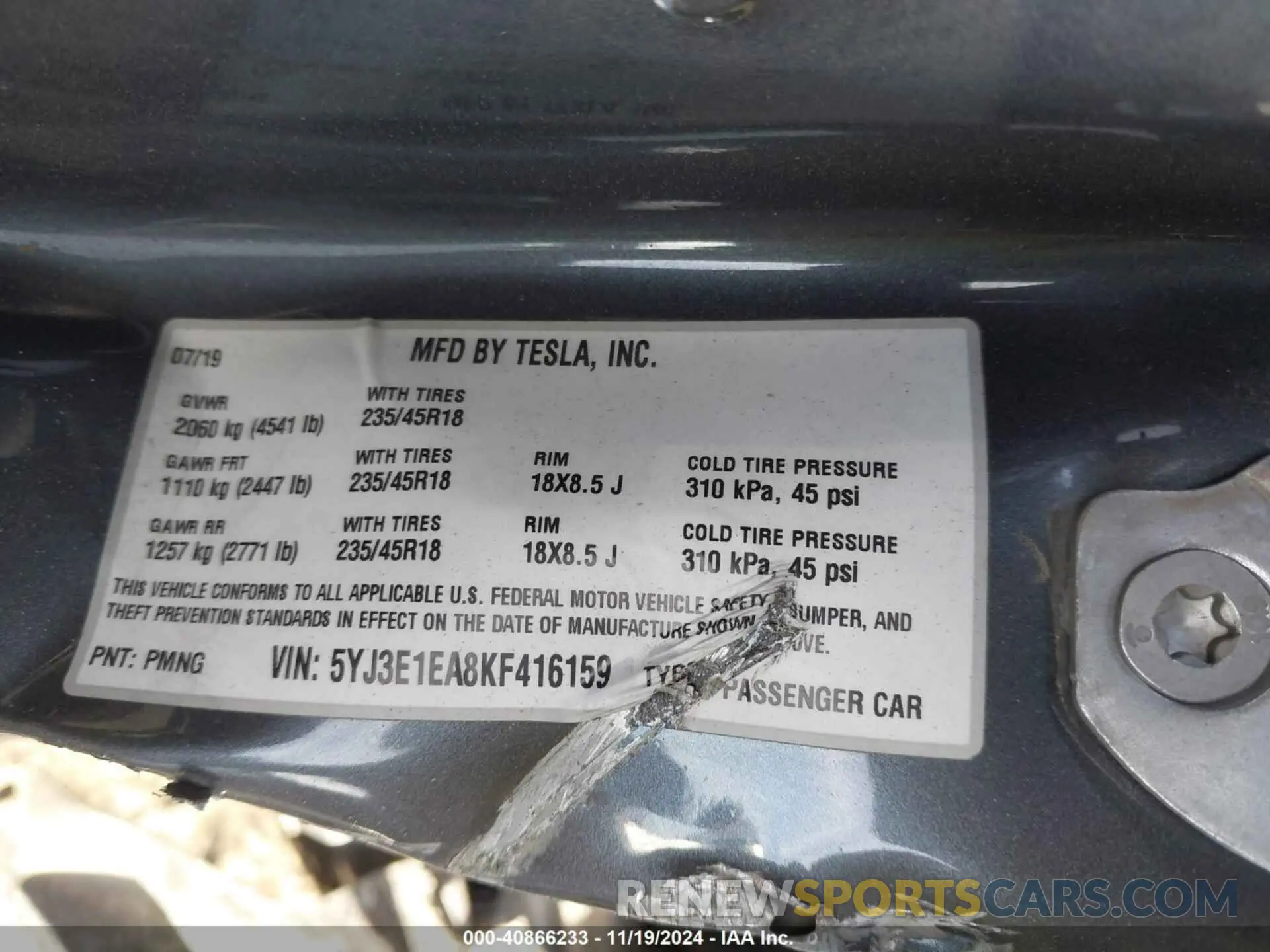 9 Photograph of a damaged car 5YJ3E1EA8KF416159 TESLA MODEL 3 2019