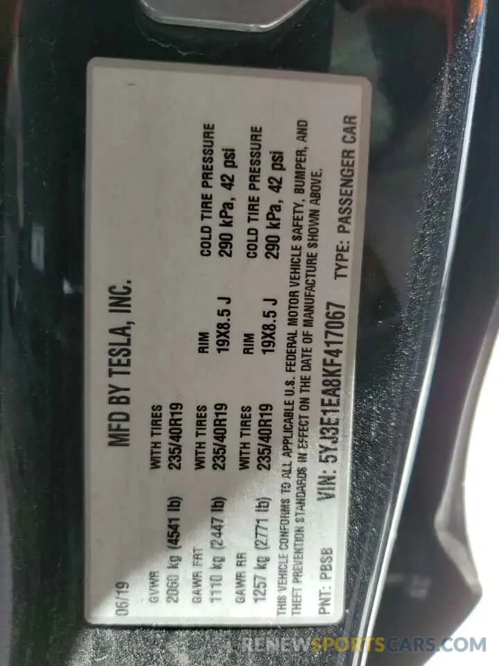 12 Photograph of a damaged car 5YJ3E1EA8KF417067 TESLA MODEL 3 2019