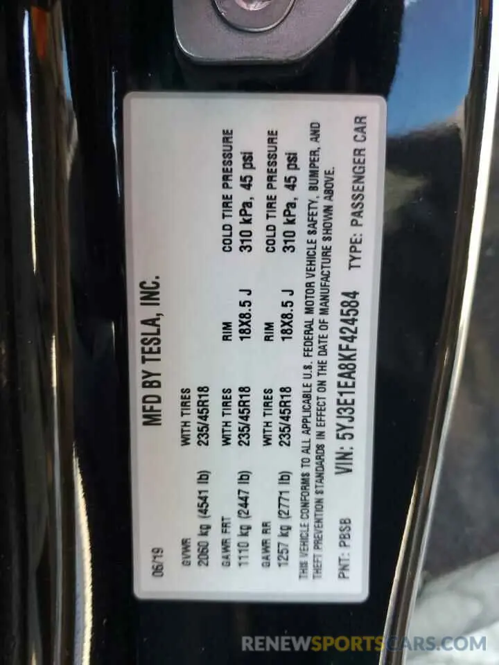 14 Photograph of a damaged car 5YJ3E1EA8KF424584 TESLA MODEL 3 2019