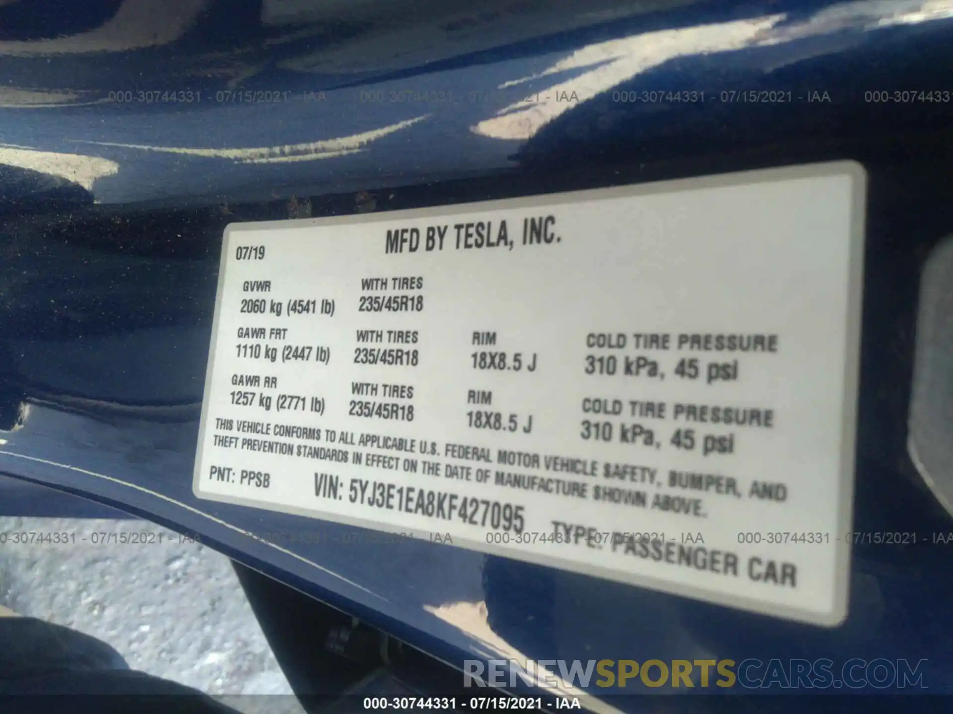 9 Photograph of a damaged car 5YJ3E1EA8KF427095 TESLA MODEL 3 2019