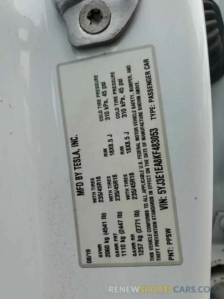 12 Photograph of a damaged car 5YJ3E1EA8KF483053 TESLA MODEL 3 2019