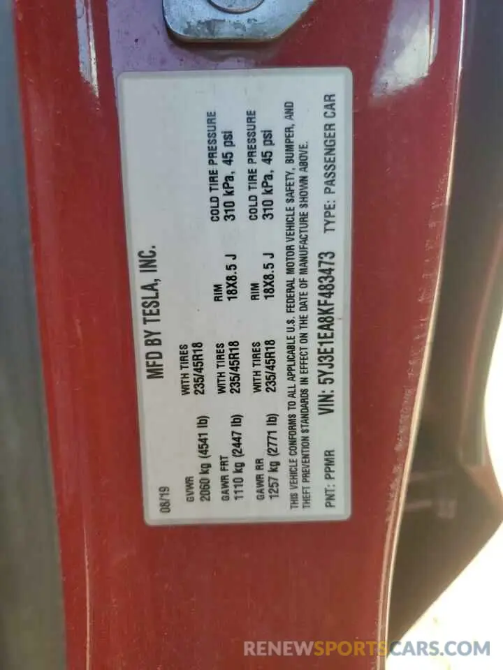 12 Photograph of a damaged car 5YJ3E1EA8KF483473 TESLA MODEL 3 2019