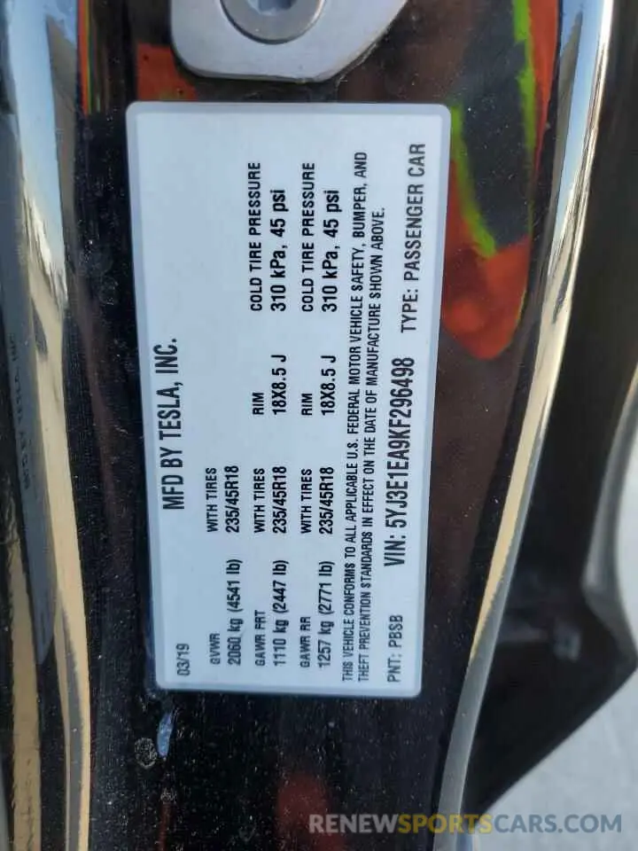 12 Photograph of a damaged car 5YJ3E1EA9KF296498 TESLA MODEL 3 2019