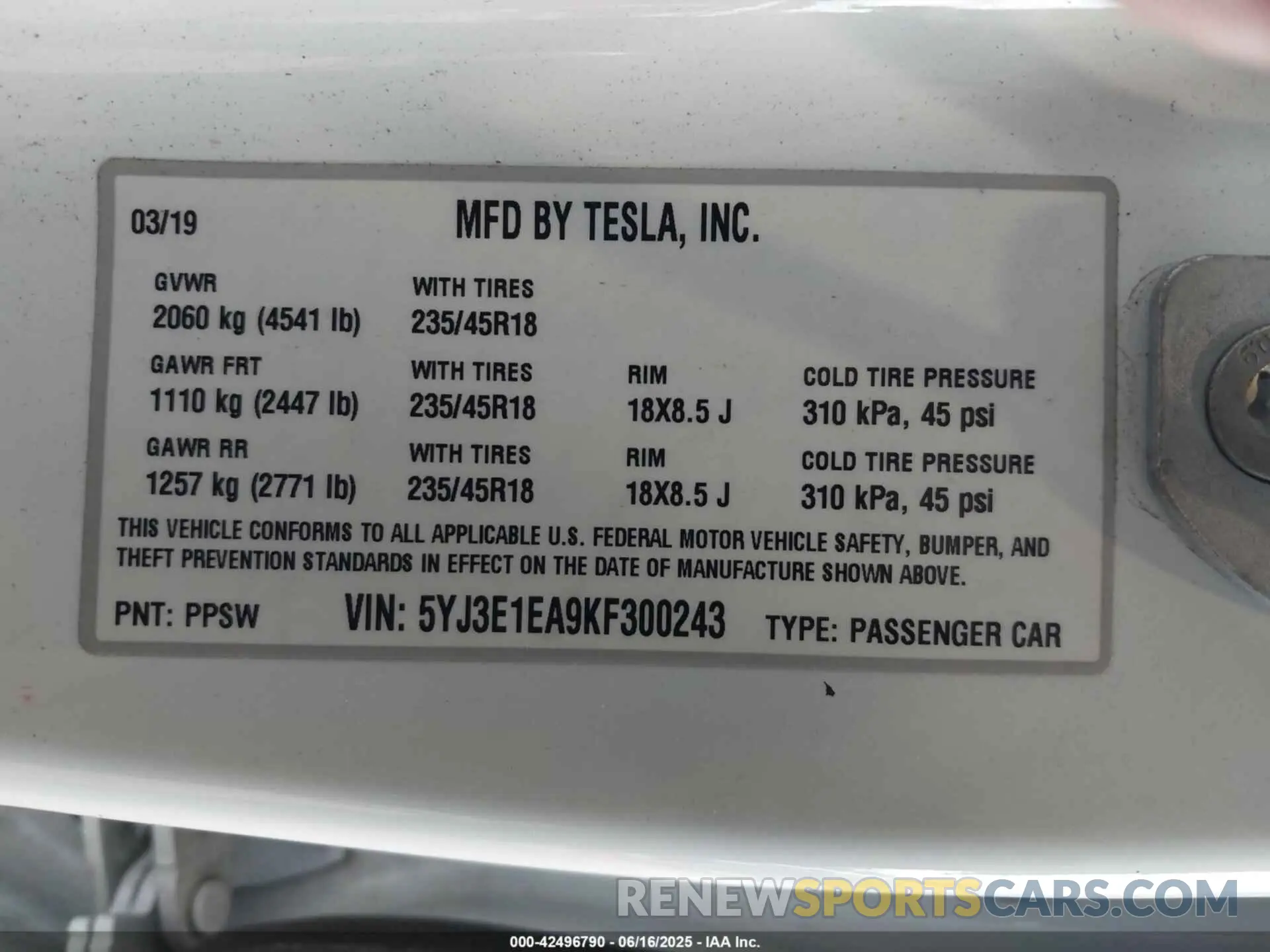 9 Photograph of a damaged car 5YJ3E1EA9KF300243 TESLA MODEL 3 2019