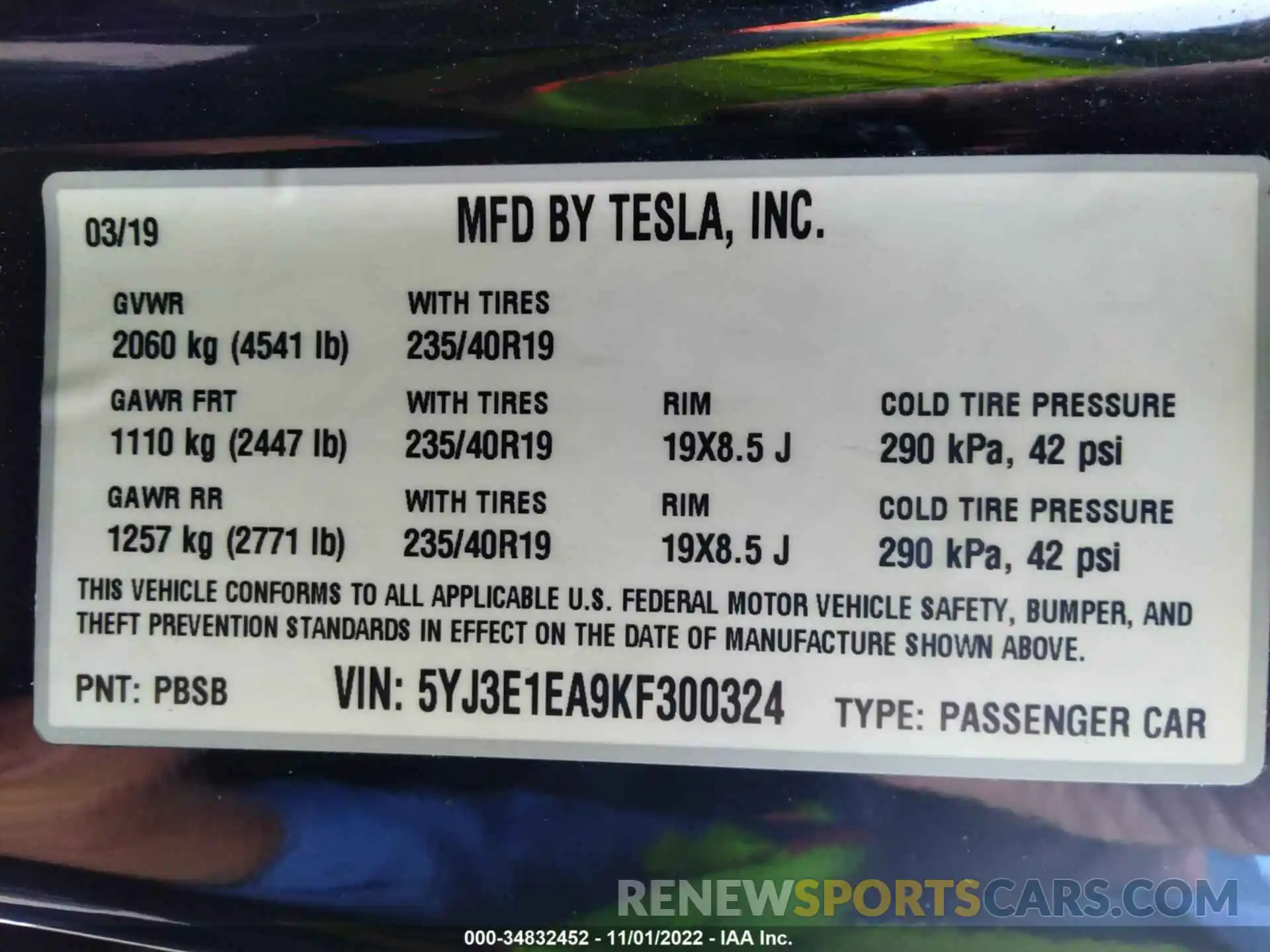 9 Photograph of a damaged car 5YJ3E1EA9KF300324 TESLA MODEL 3 2019