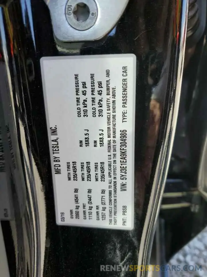 13 Photograph of a damaged car 5YJ3E1EA9KF304986 TESLA MODEL 3 2019