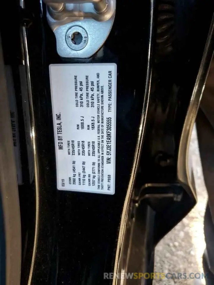 12 Photograph of a damaged car 5YJ3E1EA9KF305555 TESLA MODEL 3 2019