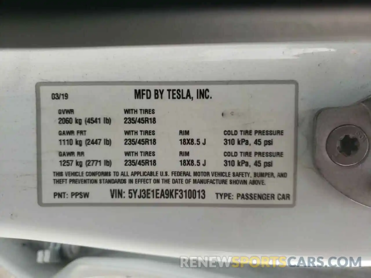 10 Photograph of a damaged car 5YJ3E1EA9KF310013 TESLA MODEL 3 2019