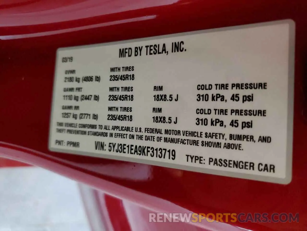 12 Photograph of a damaged car 5YJ3E1EA9KF313719 TESLA MODEL 3 2019