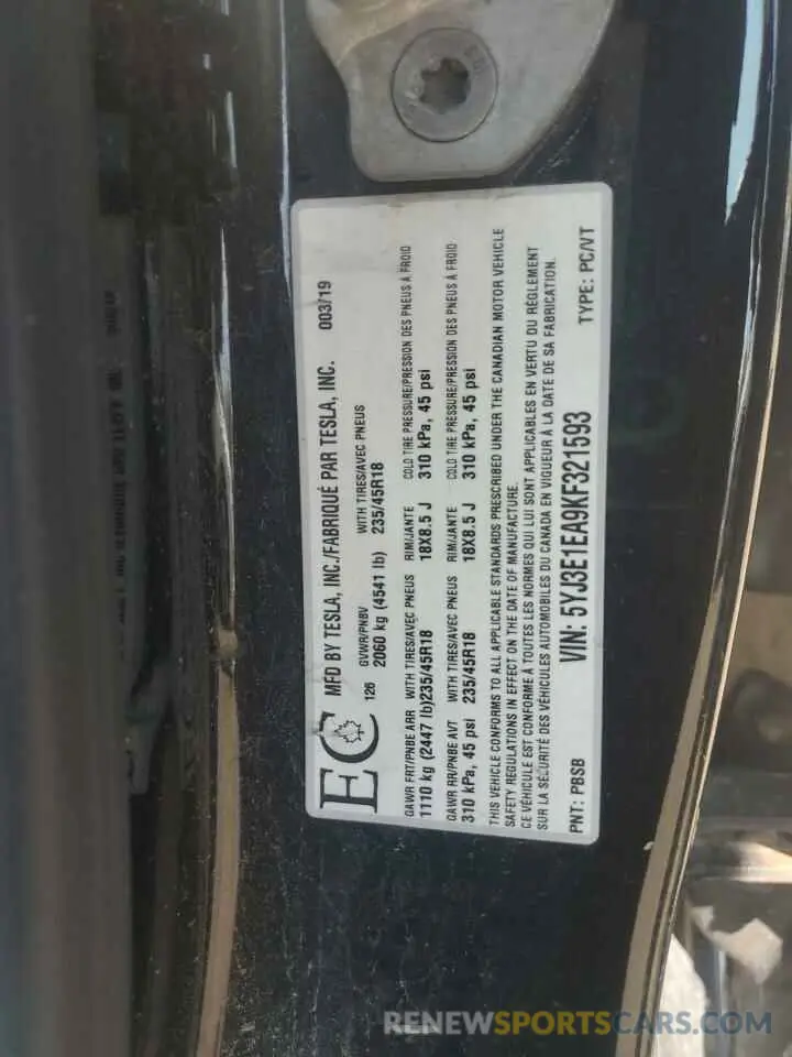 13 Photograph of a damaged car 5YJ3E1EA9KF321593 TESLA MODEL 3 2019