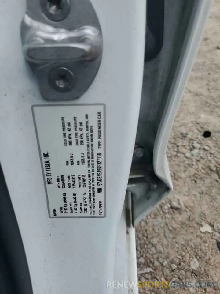 12 Photograph of a damaged car 5YJ3E1EA9KF327118 TESLA MODEL 3 2019
