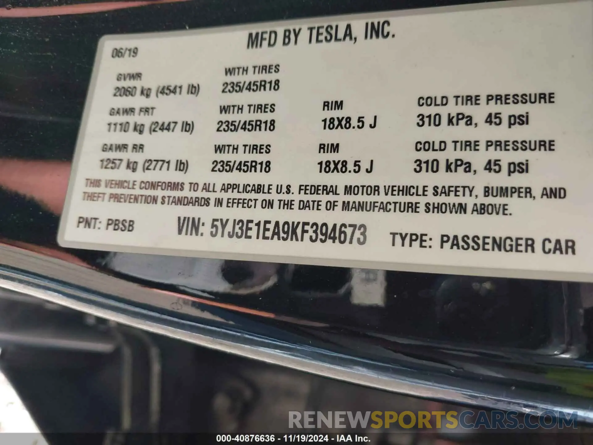 8 Photograph of a damaged car 5YJ3E1EA9KF394673 TESLA MODEL 3 2019