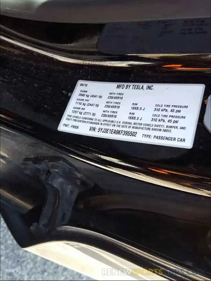 10 Photograph of a damaged car 5YJ3E1EA9KF395502 TESLA MODEL 3 2019