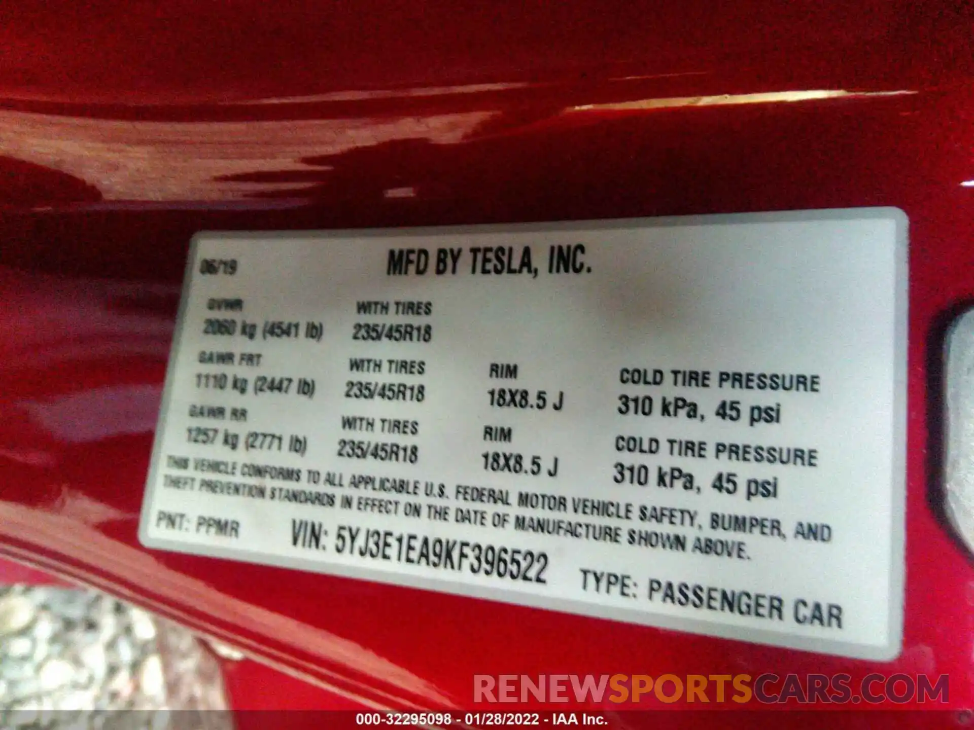 9 Photograph of a damaged car 5YJ3E1EA9KF396522 TESLA MODEL 3 2019