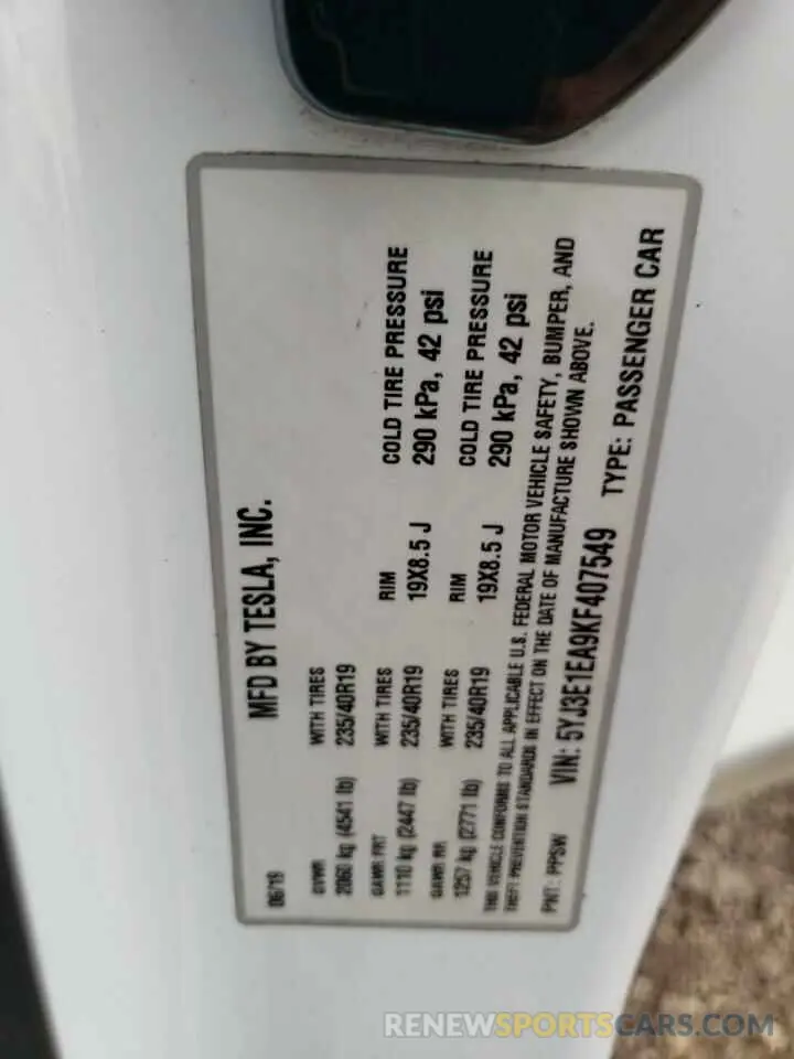 12 Photograph of a damaged car 5YJ3E1EA9KF407549 TESLA MODEL 3 2019