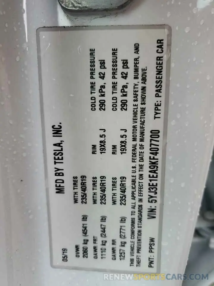 12 Photograph of a damaged car 5YJ3E1EA9KF407700 TESLA MODEL 3 2019