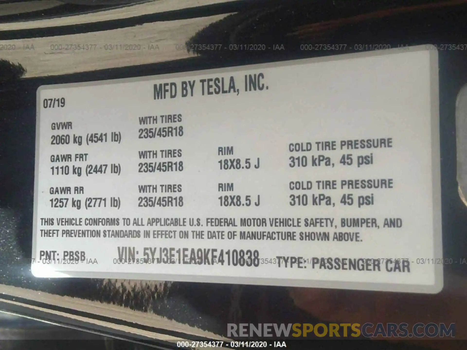 9 Photograph of a damaged car 5YJ3E1EA9KF410838 TESLA MODEL 3 2019