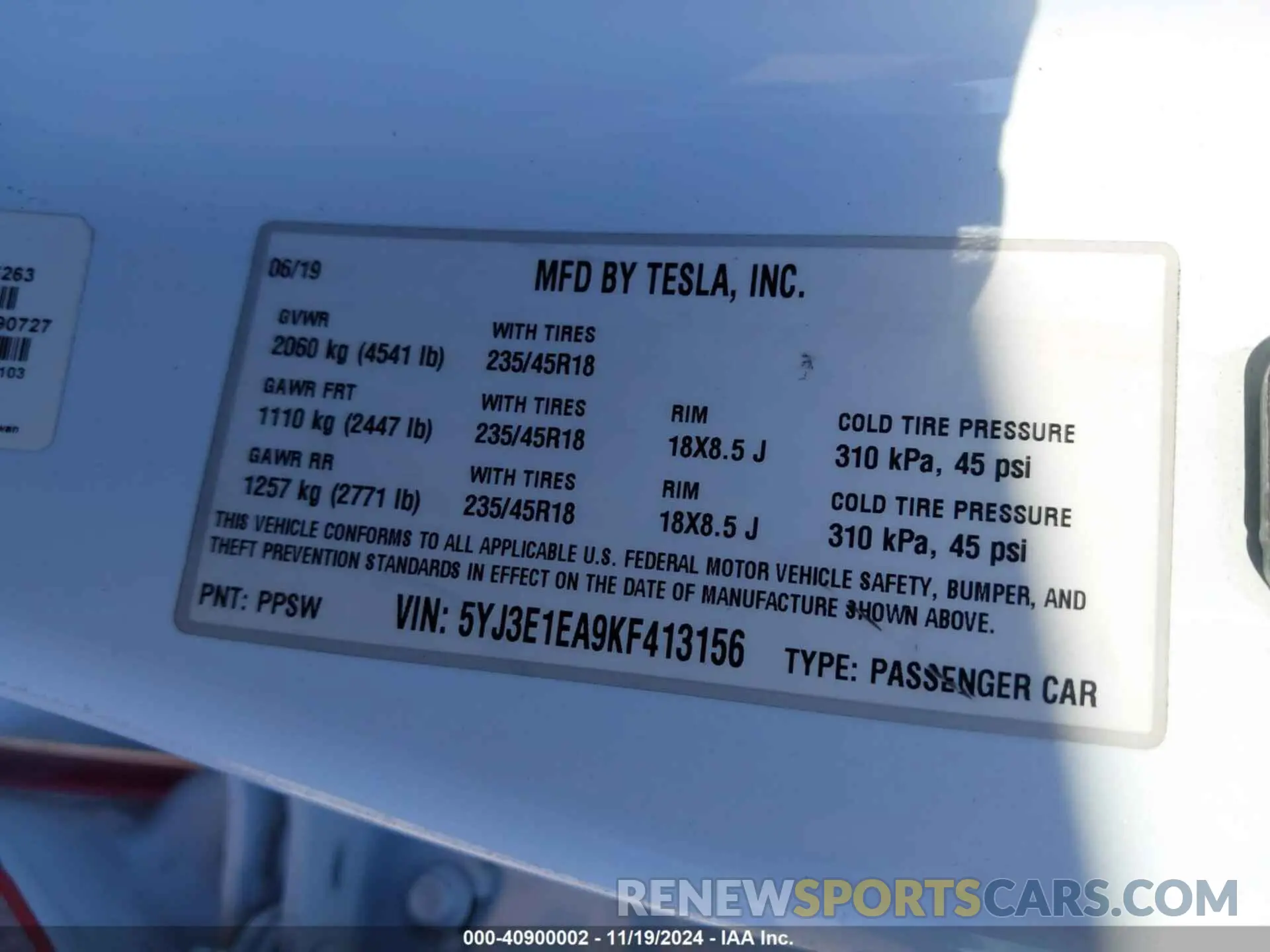 9 Photograph of a damaged car 5YJ3E1EA9KF413156 TESLA MODEL 3 2019