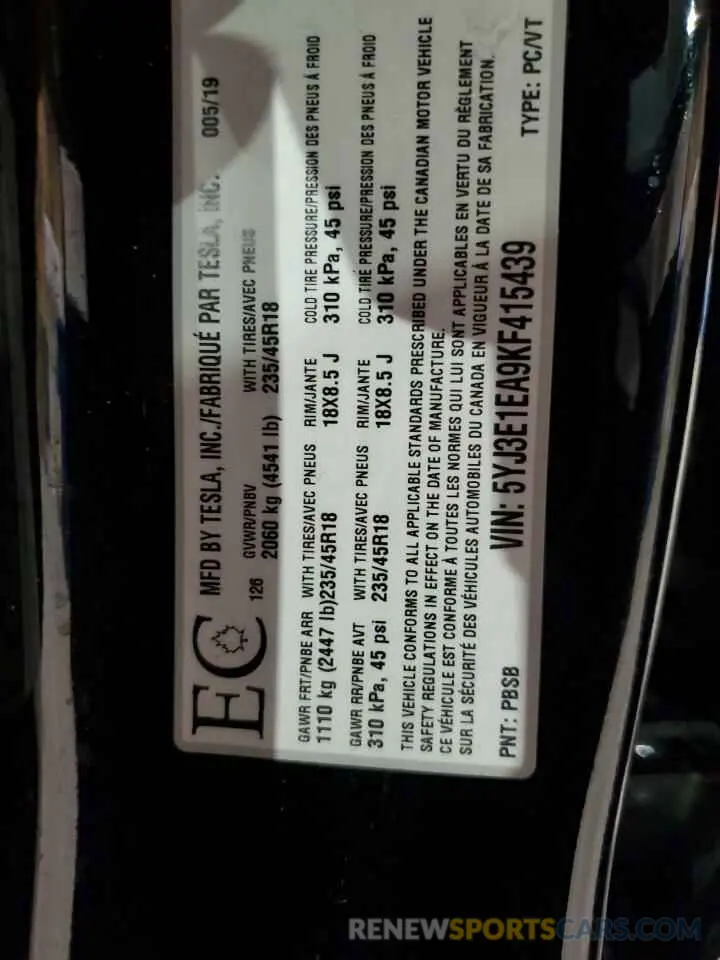 12 Photograph of a damaged car 5YJ3E1EA9KF415439 TESLA MODEL 3 2019