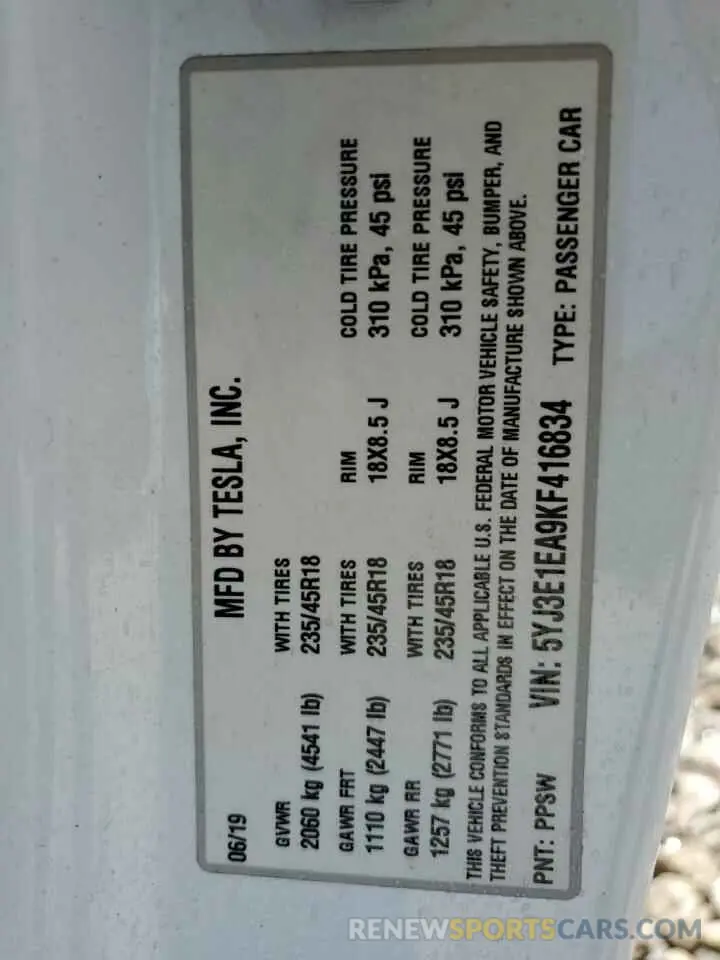 13 Photograph of a damaged car 5YJ3E1EA9KF416834 TESLA MODEL 3 2019
