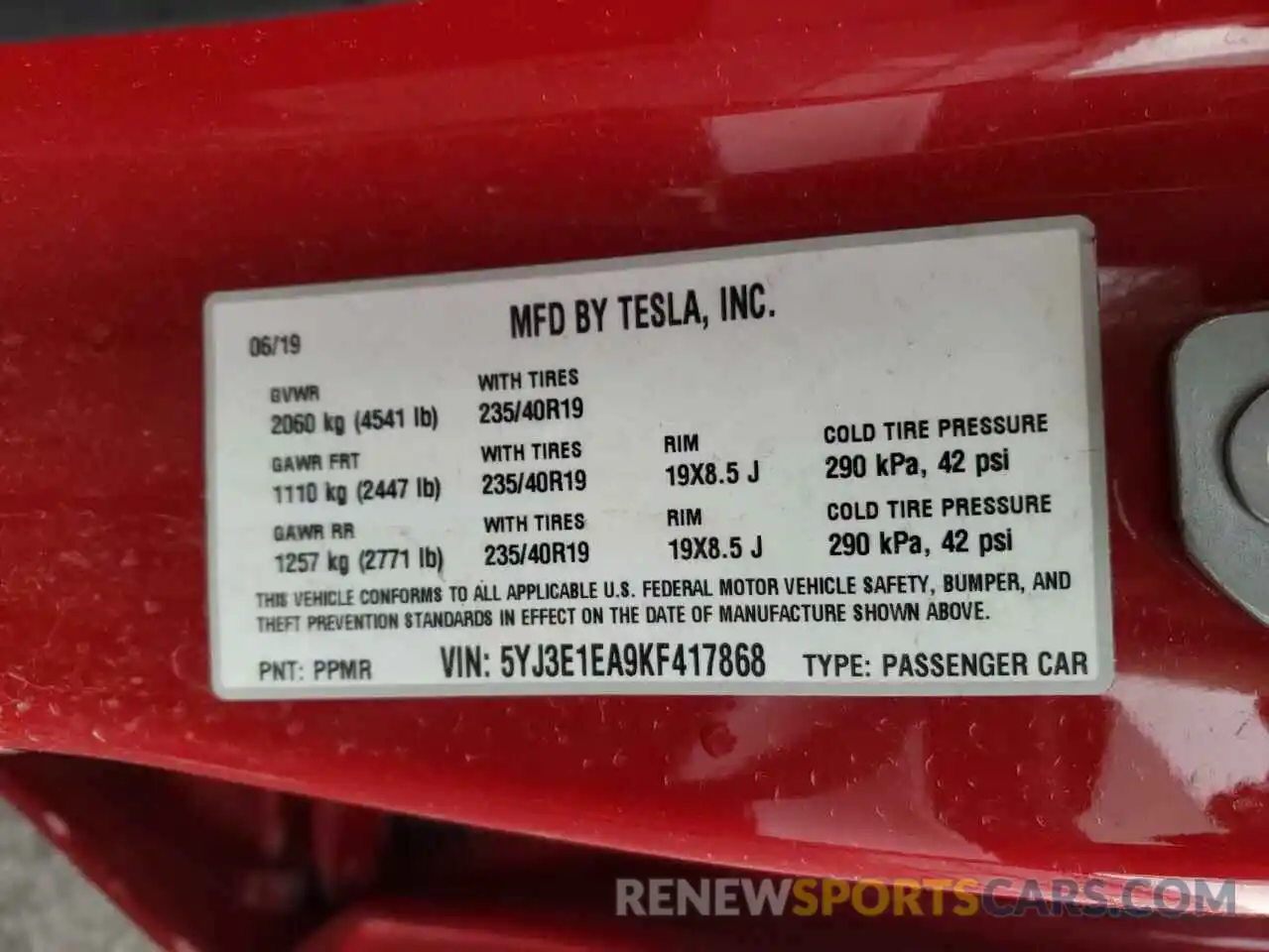 10 Photograph of a damaged car 5YJ3E1EA9KF417868 TESLA MODEL 3 2019