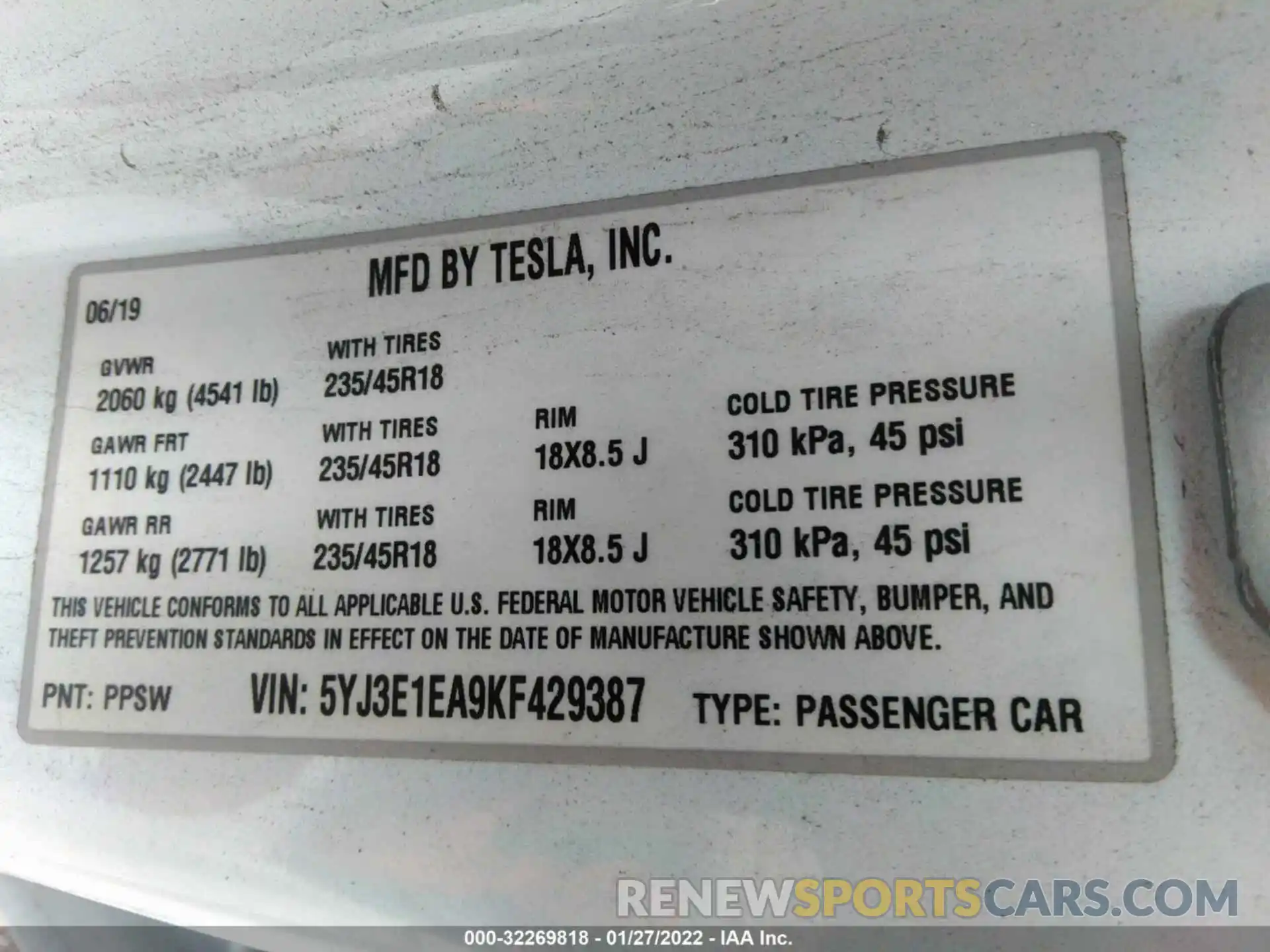 9 Photograph of a damaged car 5YJ3E1EA9KF429387 TESLA MODEL 3 2019