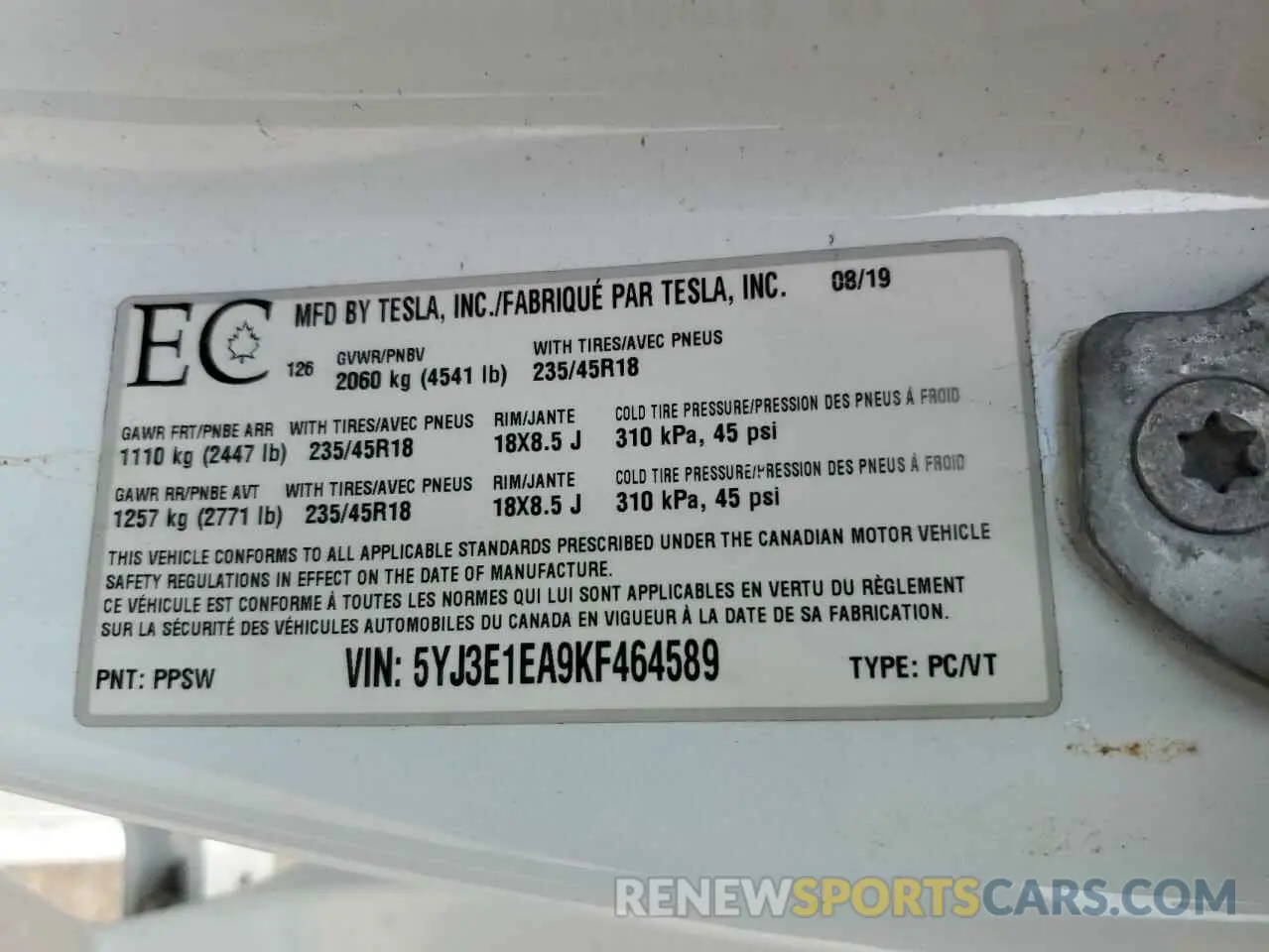 12 Photograph of a damaged car 5YJ3E1EA9KF464589 TESLA MODEL 3 2019