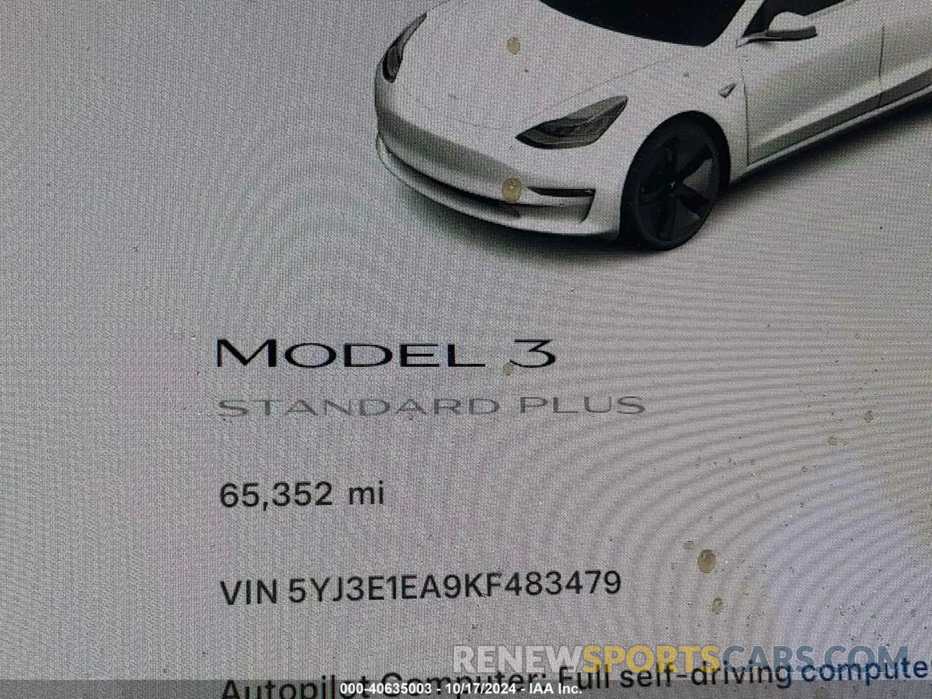 15 Photograph of a damaged car 5YJ3E1EA9KF483479 TESLA MODEL 3 2019