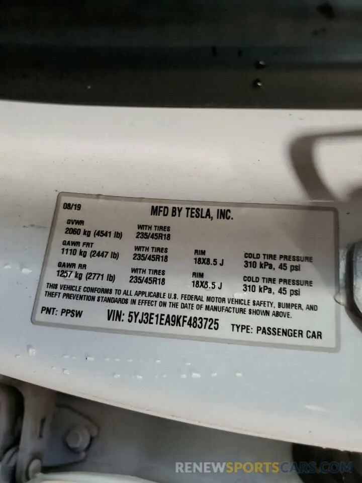 12 Photograph of a damaged car 5YJ3E1EA9KF483725 TESLA MODEL 3 2019
