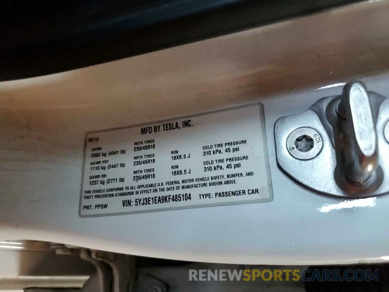 12 Photograph of a damaged car 5YJ3E1EA9KF485104 TESLA MODEL 3 2019