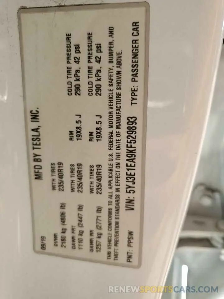 13 Photograph of a damaged car 5YJ3E1EA9KF529893 TESLA MODEL 3 2019