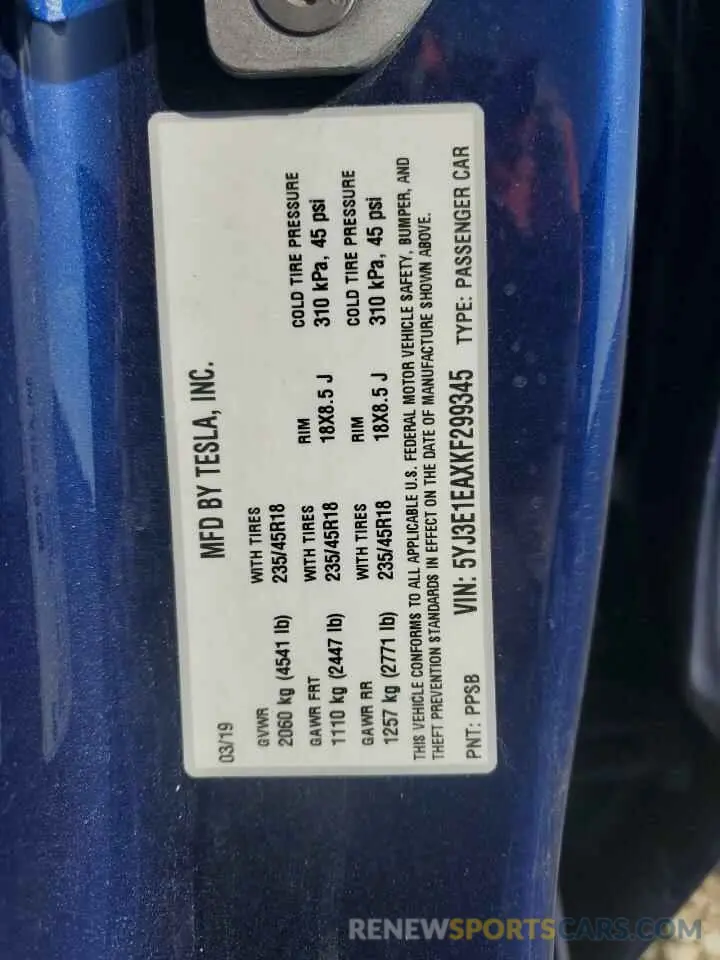 12 Photograph of a damaged car 5YJ3E1EAXKF299345 TESLA MODEL 3 2019