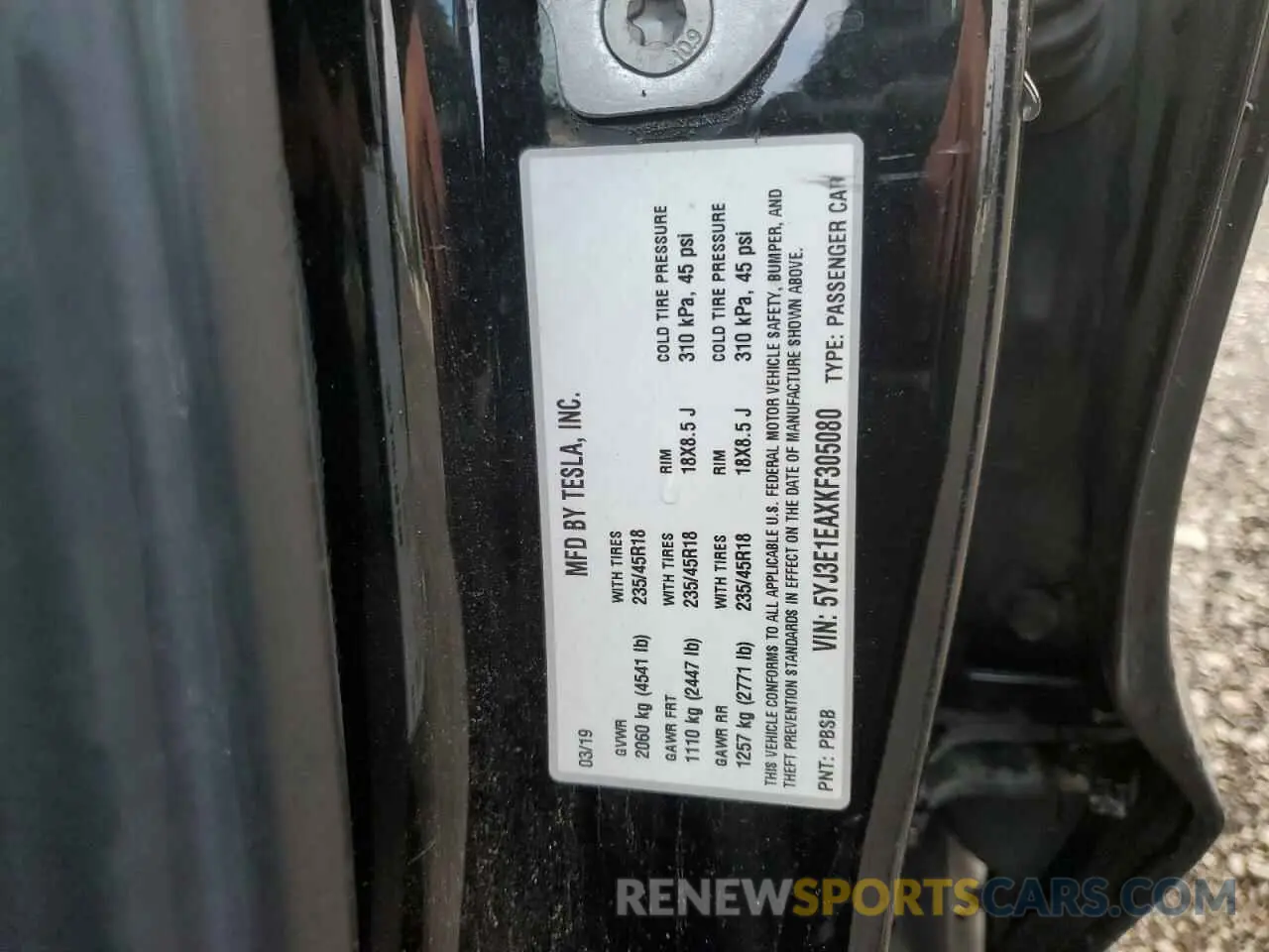 12 Photograph of a damaged car 5YJ3E1EAXKF305080 TESLA MODEL 3 2019