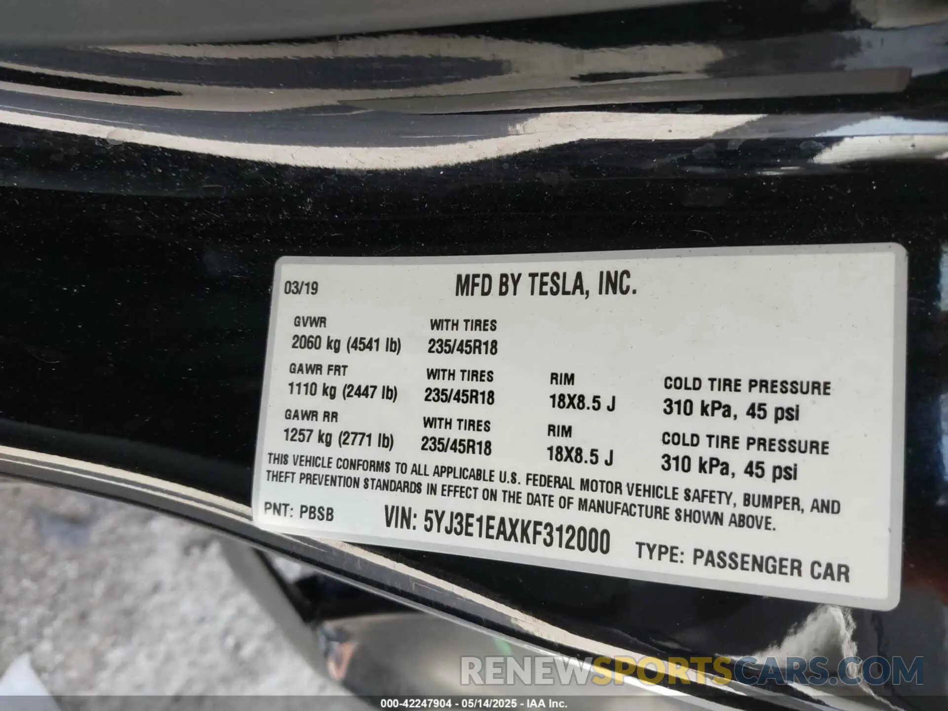9 Photograph of a damaged car 5YJ3E1EAXKF312000 TESLA MODEL 3 2019