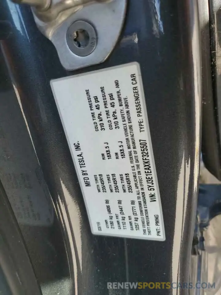 12 Photograph of a damaged car 5YJ3E1EAXKF325507 TESLA MODEL 3 2019