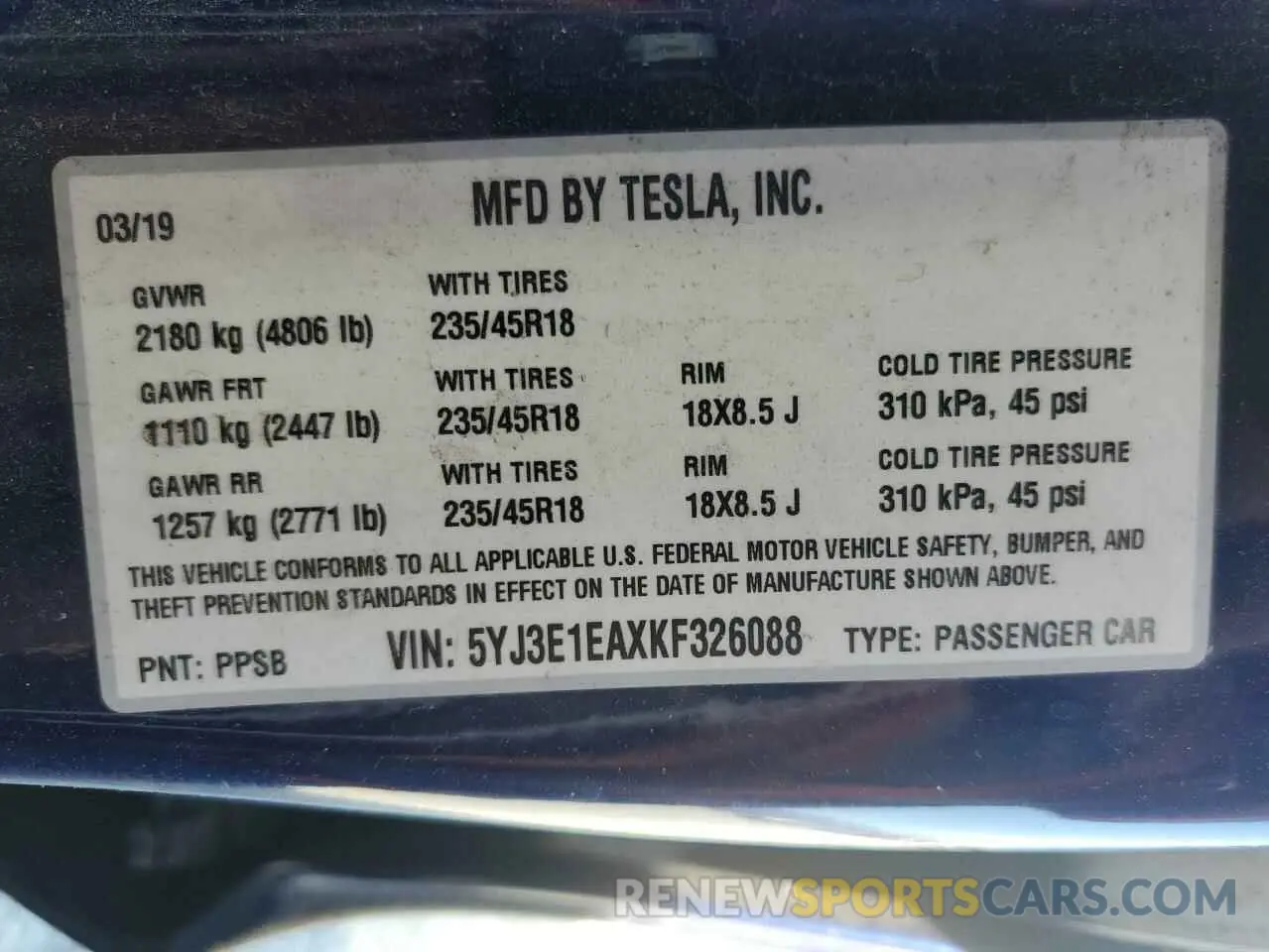 12 Photograph of a damaged car 5YJ3E1EAXKF326088 TESLA MODEL 3 2019