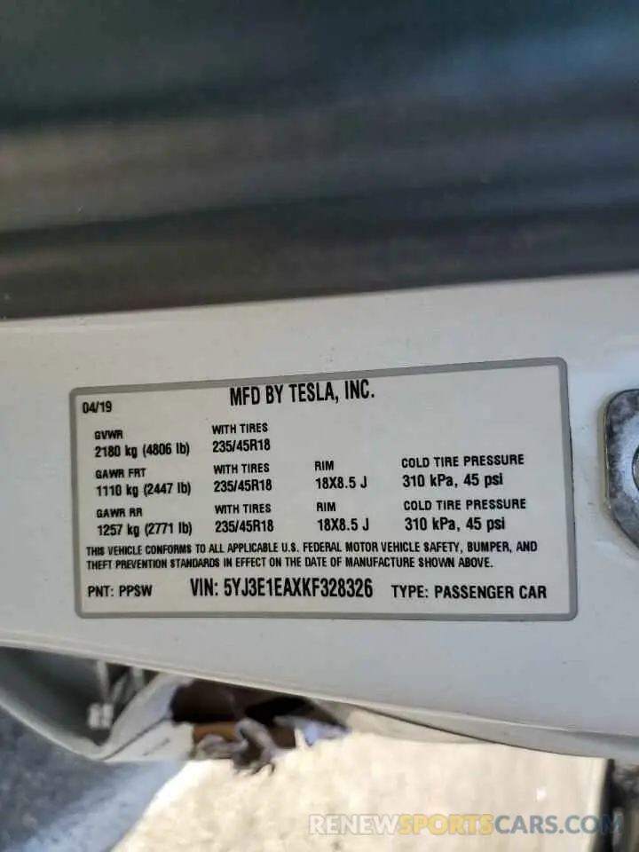 12 Photograph of a damaged car 5YJ3E1EAXKF328326 TESLA MODEL 3 2019