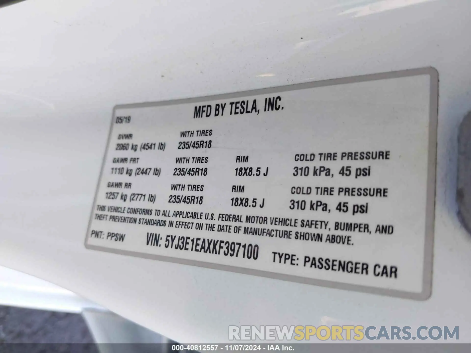 9 Photograph of a damaged car 5YJ3E1EAXKF397100 TESLA MODEL 3 2019