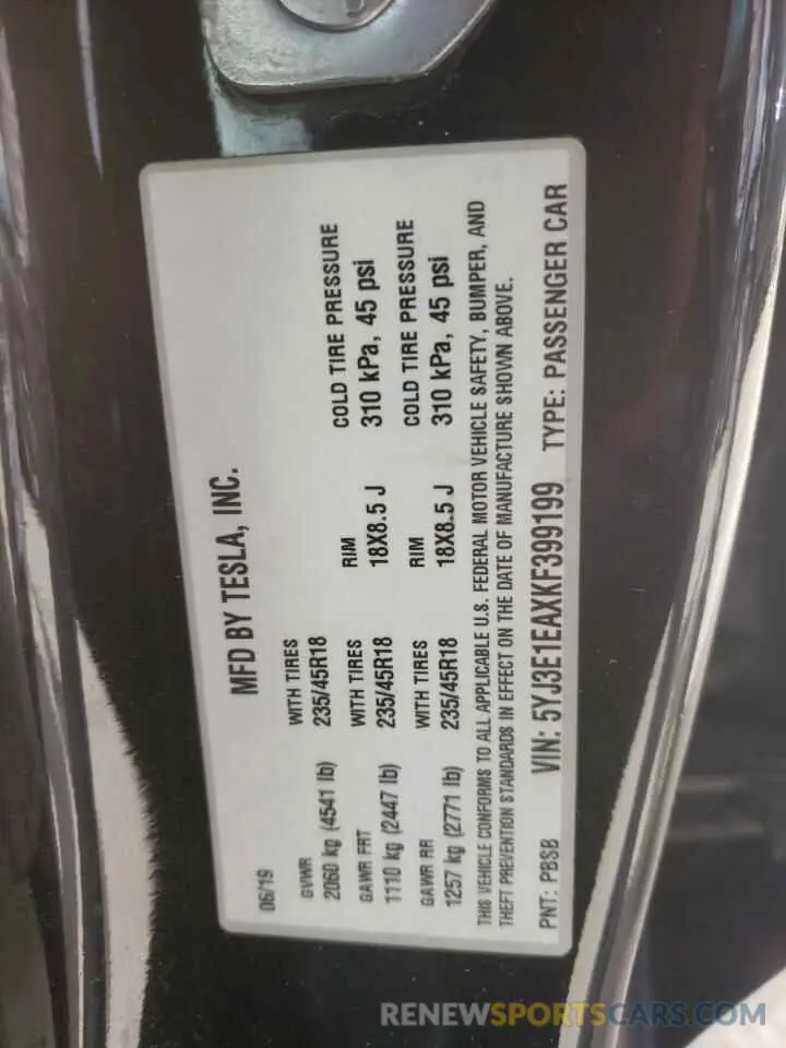 12 Photograph of a damaged car 5YJ3E1EAXKF399199 TESLA MODEL 3 2019