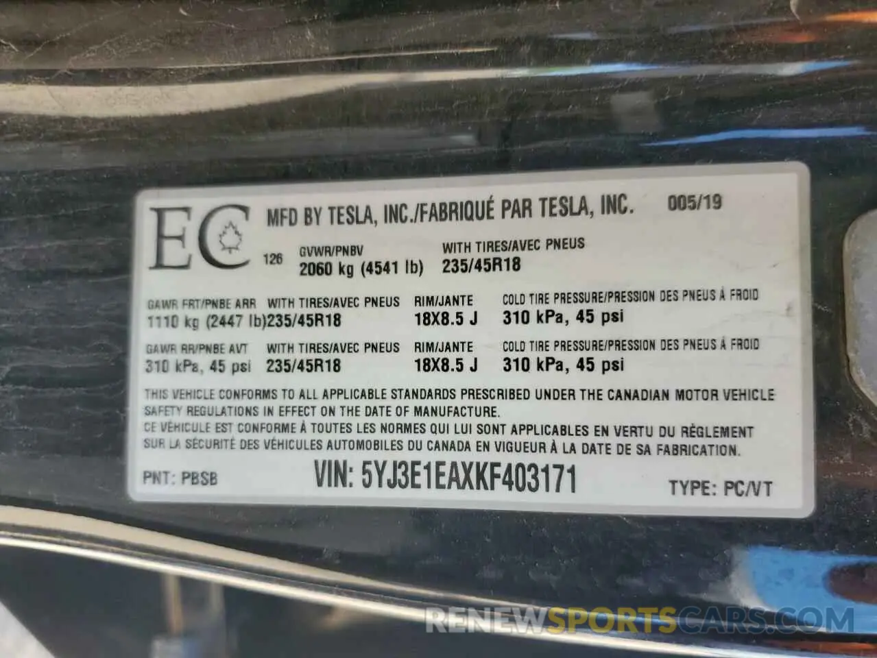 12 Photograph of a damaged car 5YJ3E1EAXKF403171 TESLA MODEL 3 2019