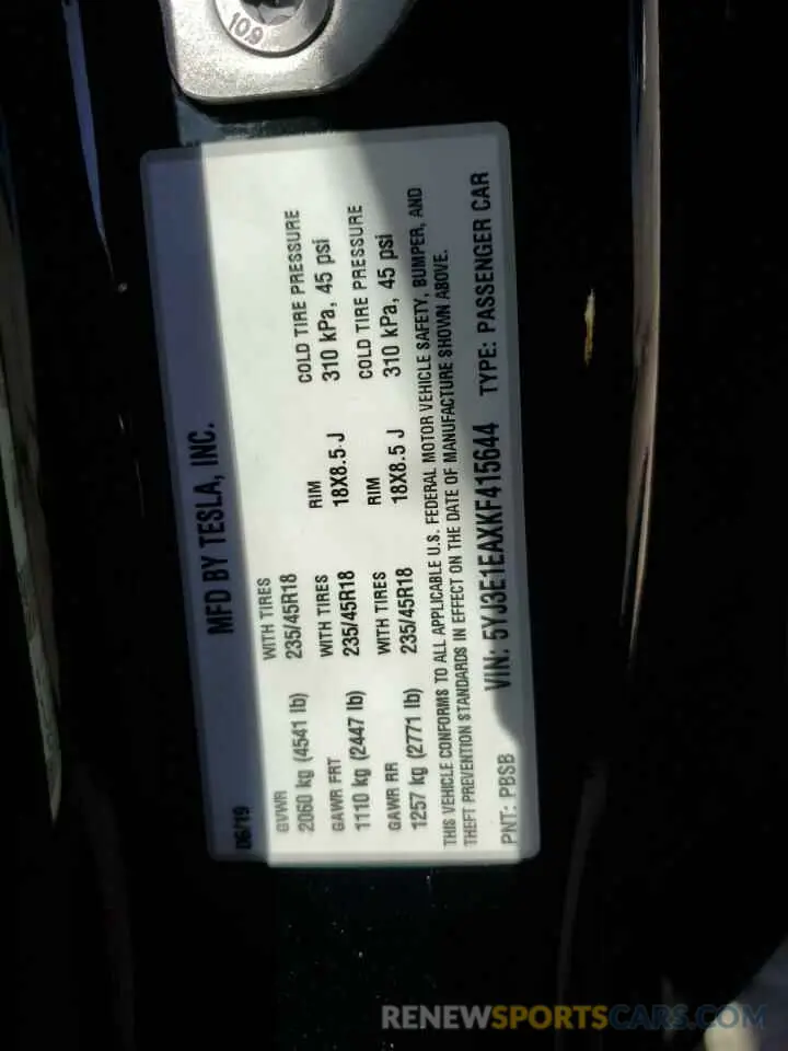 16 Photograph of a damaged car 5YJ3E1EAXKF415644 TESLA MODEL 3 2019