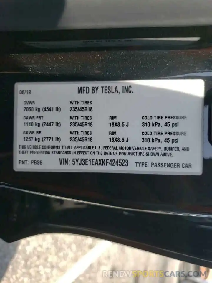 10 Photograph of a damaged car 5YJ3E1EAXKF424523 TESLA MODEL 3 2019