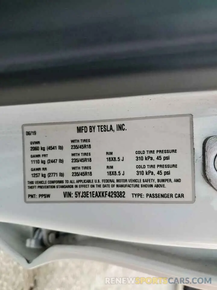 12 Photograph of a damaged car 5YJ3E1EAXKF429382 TESLA MODEL 3 2019