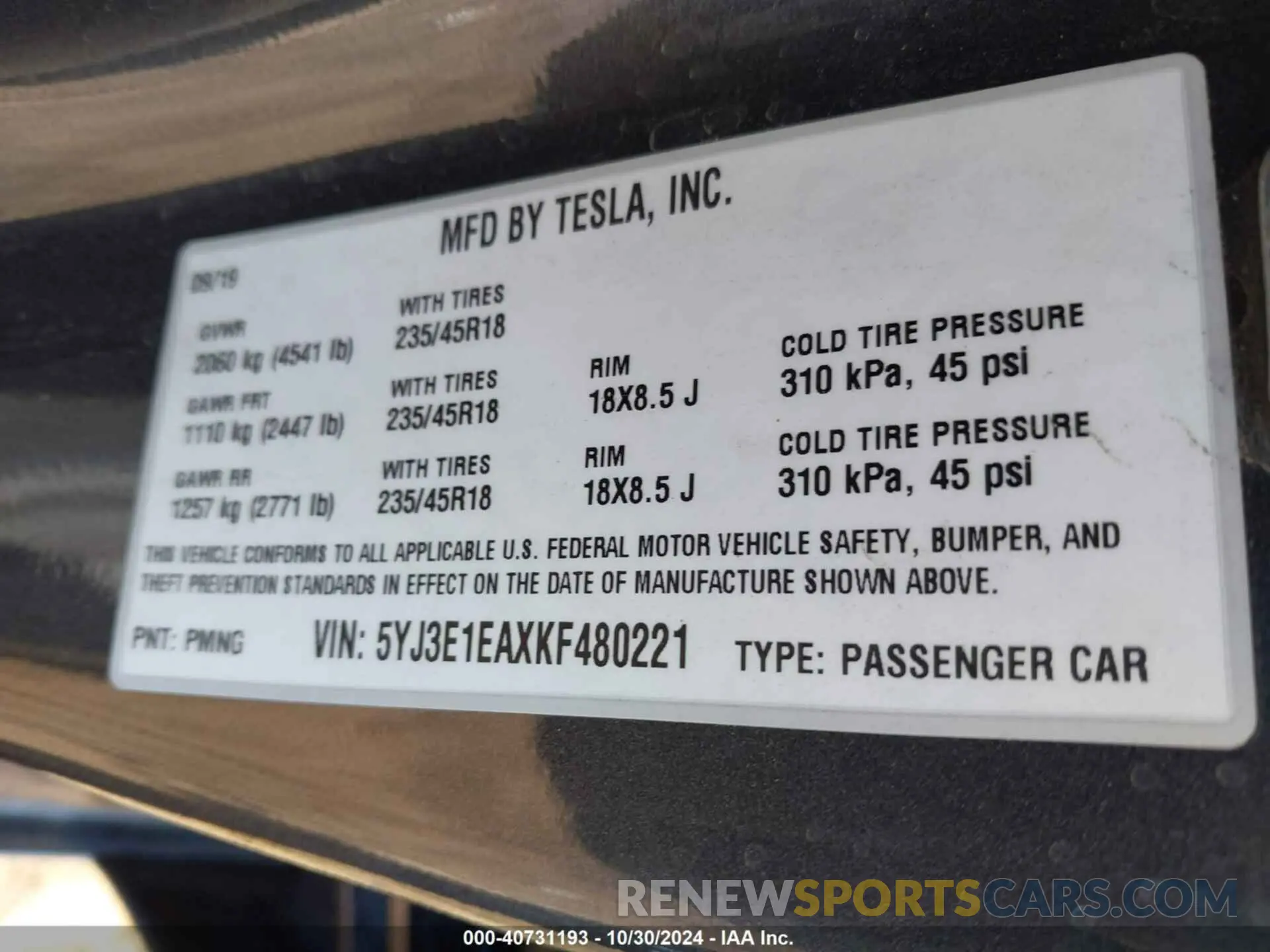 9 Photograph of a damaged car 5YJ3E1EAXKF480221 TESLA MODEL 3 2019